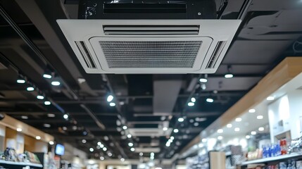 Cassette type air conditioner and lamp on white ceiling.