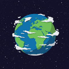 Fototapeta premium A simplified illustration of Earth, with blue oceans and green continents, surrounded by clouds and stars in a dark sky.