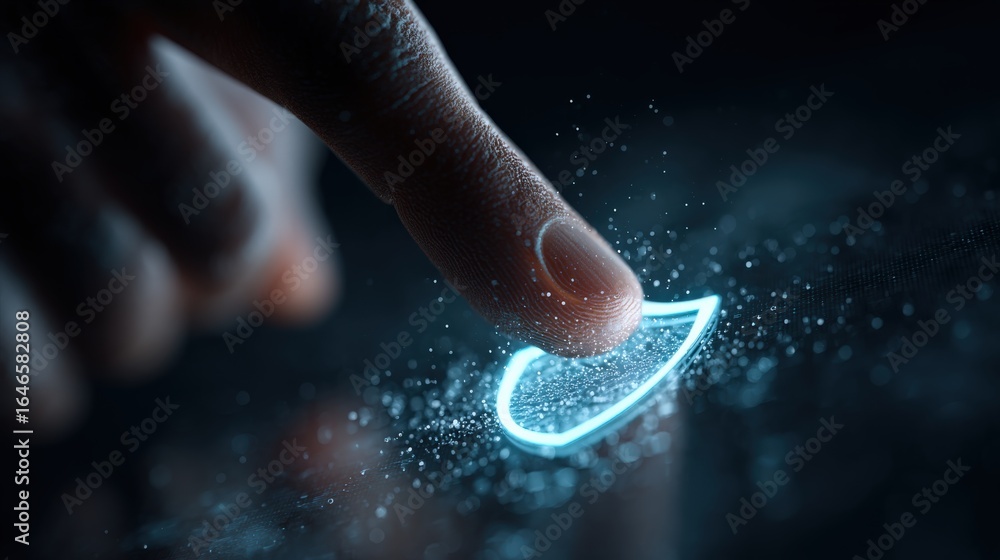 Poster digital touch: a futuristic interface interacts with a gentle fingertip, creating an evocative scene