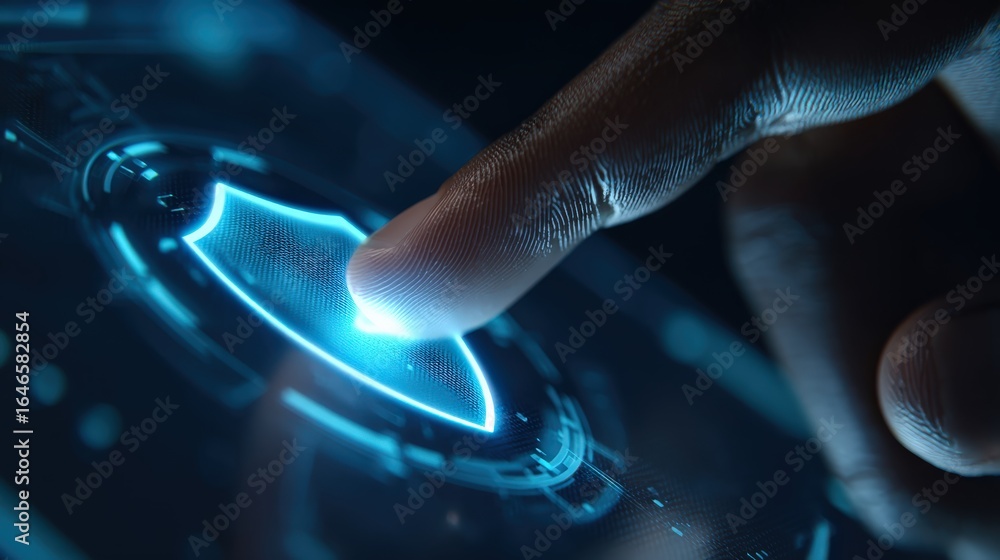 Poster digital shield: a finger presses on a glowing digital shield icon, symbolizing cybersecurity, data p