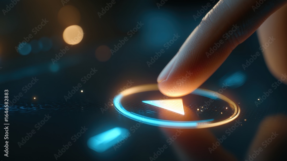 Poster play button activation: a finger gracefully presses the illuminated play button, the digital interac