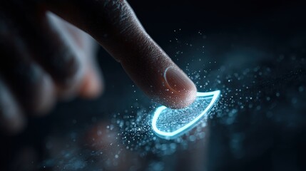 Fototapeta premium Digital Touch: A futuristic interface interacts with a gentle fingertip, creating an evocative scene of seamless technology integration and the potential of digital interaction.– Generative AI