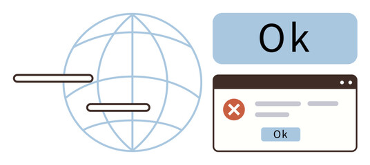 Globe with horizontal bars next to an error pop-up with Ok button. Represents data exchange, online issue acknowledgment, and confirmation. Ideal for technology, software, communication, internet