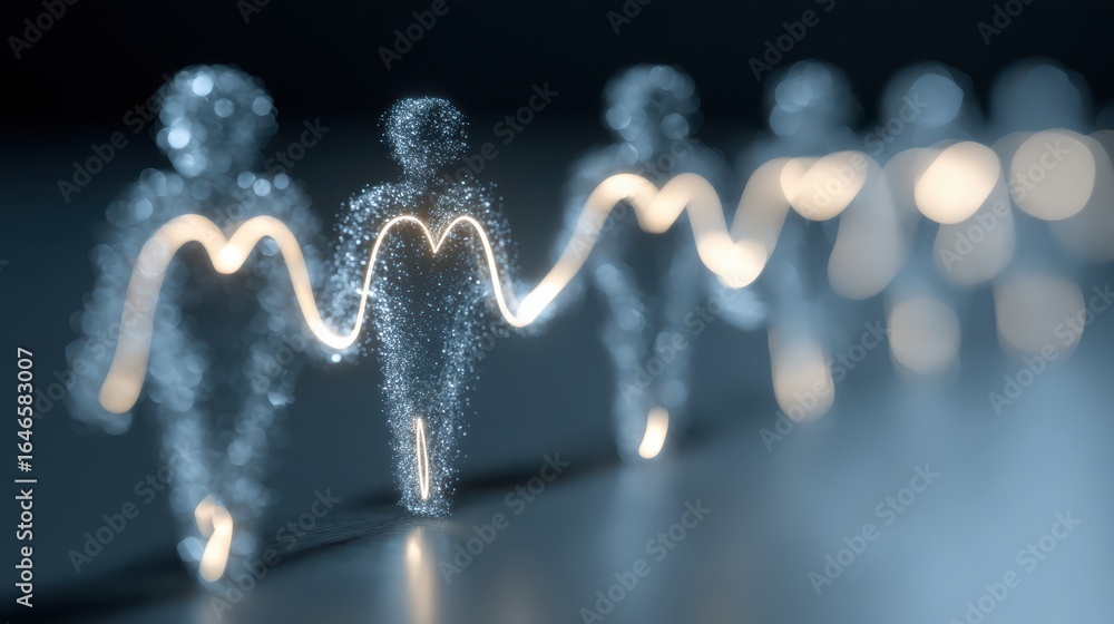 Poster a shimmering representation of figures connected by a glowing line, symbolizing unity and connection