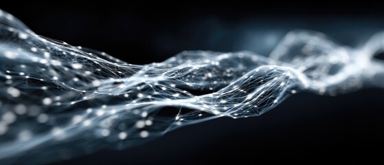 Abstract flowing network of light particles on a dark background
