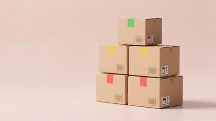 Colorful shipping labels on neatly stacked cardboard packages, representing modern e-commerce logistics