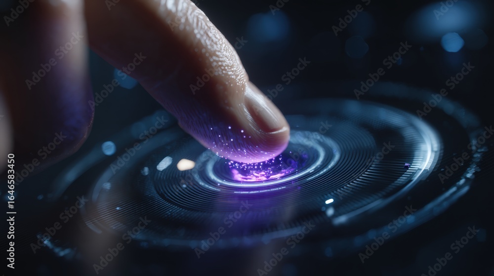 Poster biometric touch technology: a fingertip interacts with futuristic glowing interface, symbolizing adv