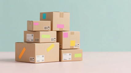 Obraz premium Colorful shipping labels on neatly stacked cardboard packages, representing modern e-commerce logistics