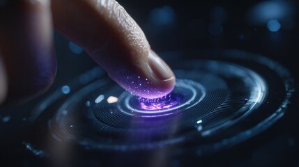 Biometric Touch Technology: A fingertip interacts with futuristic glowing interface, symbolizing advanced technology and secure access, in a close-up.– Generative AI
