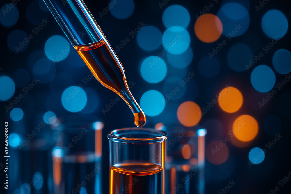 Aufkleber ai generated close up of pipette dropping orange liquid into glass test tube with blue and orange bo