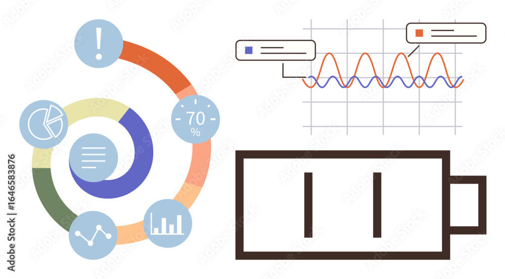Poster circular infographic with statistics, bar, pie graphs, charge indicator, and waveform. ideal for bus