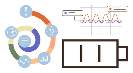Circular infographic with statistics, bar, pie graphs, charge indicator, and waveform. Ideal for business analysis, energy management, technology, progress tracking research efficiency and trends