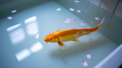 Elegant Koi Carp Swimming Gracefully in a Serene Pond Decorated with Delicate Cherry Blossom Petals, a Symbol of Peace
