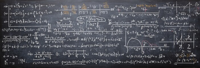 Chalkboard filled with complex mathematical equations and diagrams