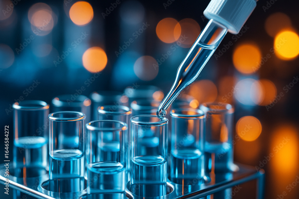 Aufkleber ai generated close up of a pipette dispensing clear liquid into glass test tubes with blue solution 