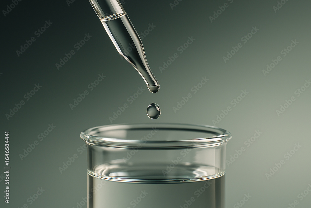 Aufkleber ai generated close up of a clear droplet falling from a dropper into a glass beaker with soft gradie