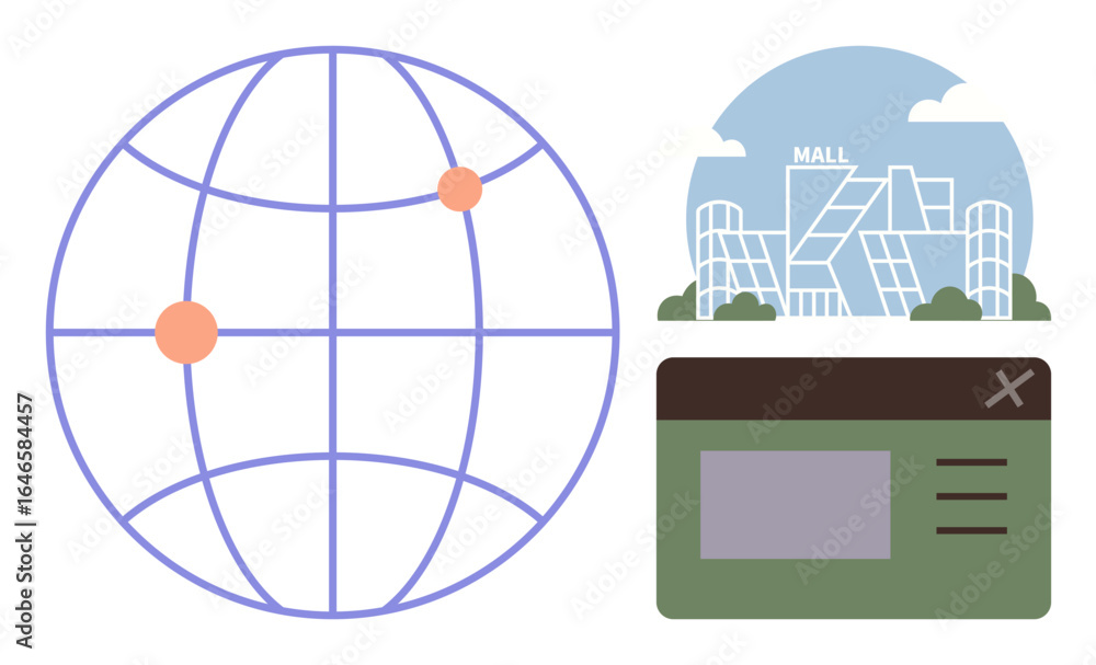Aufkleber globe with focus points, modern mall structure, and webpage interface symbolizing global networks, r