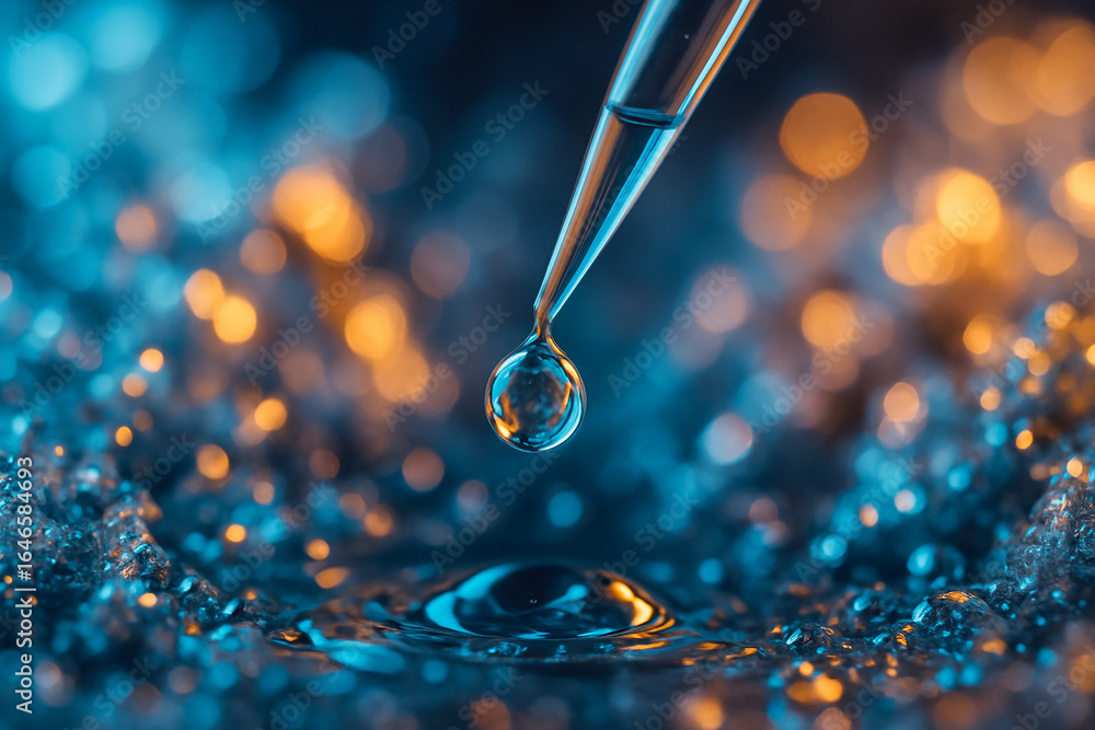 Aufkleber ai generated close up of a clear droplet from pipette with crystal like background in blue and gold 
