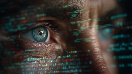Close-up of a man's eye with digital code reflecting, creating a tech-inspired mood.