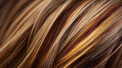 Fototapeta premium Shimmering close-up of blonde and brown highlighted hair strands with silky smooth texture, natural wave and radiant shine, high-resolution beauty and hairstyle background for cosmetic and fashion use