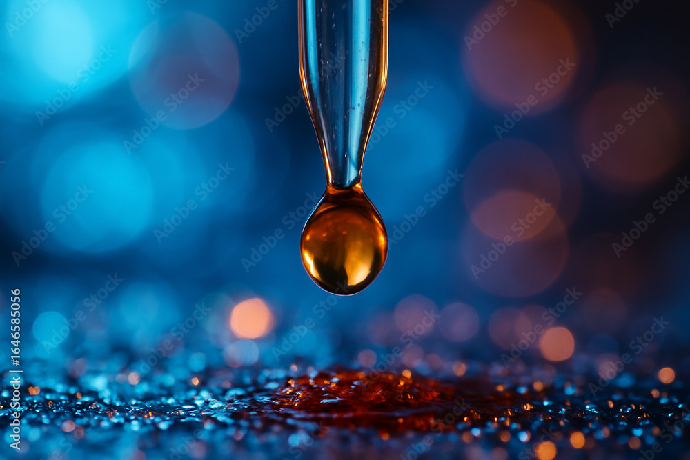 Poster ai generated close up of an amber liquid drop on dropper tip with blue and orange bokeh background s