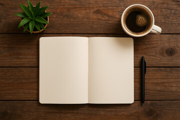 Rustic Desk Essentials with Open Notebook and Coffee Cup for Warm and Inviting Workspace Design