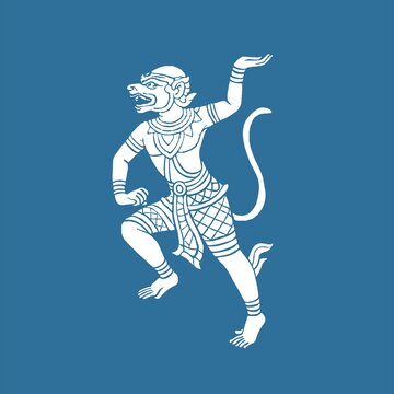 Monkey Warrior from the Thai Ramakien Epic &ndash; Traditional Thai Line Art Illustration in Ancient Mural Style, young monkey jumping