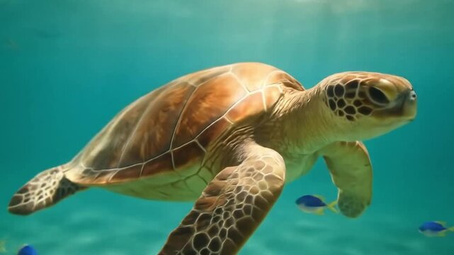 Close-up of a graceful sea turtle gliding through crystal-clear turquoise water, sunlight filtering down in shimmering beams, tiny fish swimming nearby