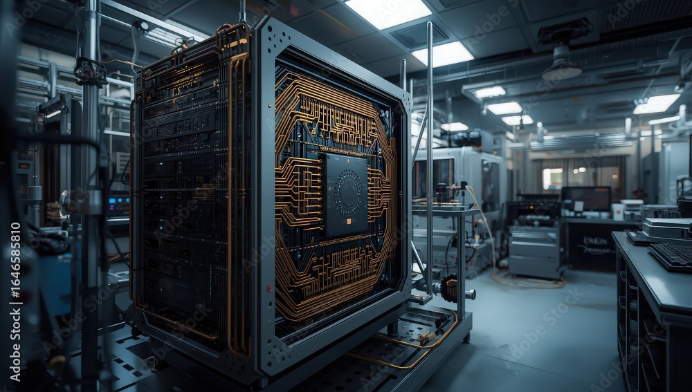 Aufkleber complex quantum computer system in a laboratory setting with advanced technology displayed inside it