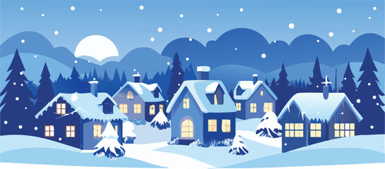 Vector illustration of a winter village with snow-covered houses and a serene, snowy landscape.