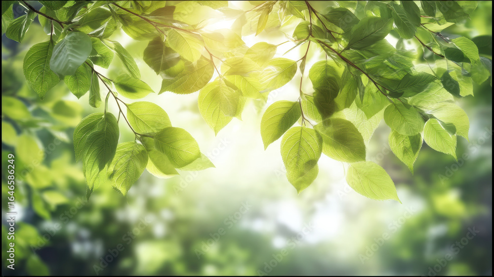 Poster sunlight filters through vibrant green leaves, creating serene and refreshing atmosphere