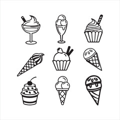 Ice Cream and Dessert Outline Icon Set