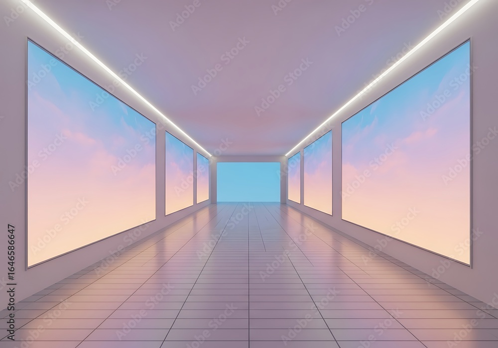 Poster modern gallery hallway with large screens displaying a sky view