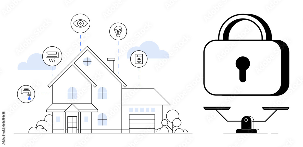 Poster house connected to iot devices showcasing automation and monitoring, paired with a lock on scales. i