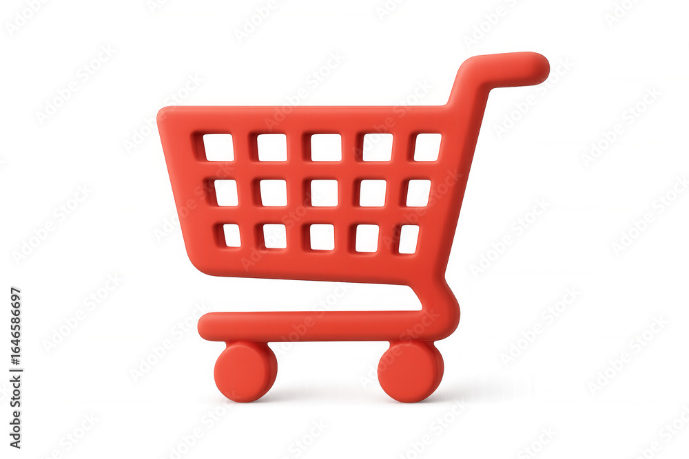 Poster digital rendering depicting red shopping cart icon representing e-commerce, floating against transpa