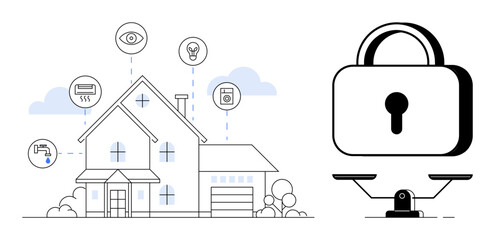 House connected to IoT devices showcasing automation and monitoring, paired with a lock on scales. Ideal for home security, privacy, digital safety, technology, IoT, balance connection. Simple flat