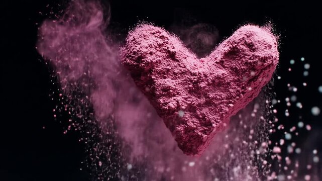Pink, granular heart shape in mid-explosion against dark backdrop