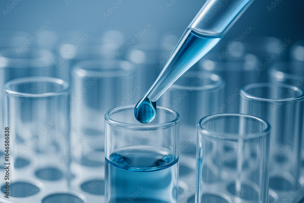 Aufkleber ai generated close up macro image of pipette holding blue liquid about to drop into a test tube in a