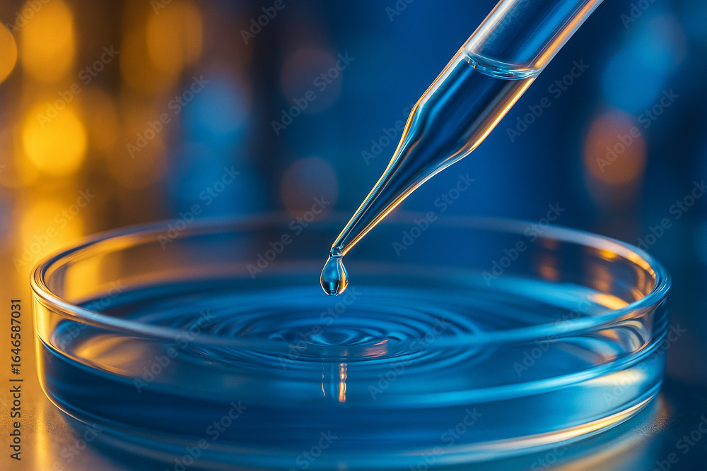 Aufkleber ai generated macro shot of a pipette releasing a drop into a petri dish with rippling blue liquid on