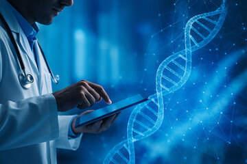 AI generated concept of medical professional using tablet with digital DNA helix and data network overlay symbolizing genetic research and biotechnology integration