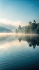 Fototapeta premium Foggy water surface with subtle waves reflected in a misty atmosphere