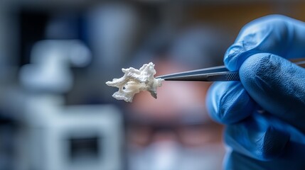 Close-up of a scientist's gloved hand examining a sample with tweezers in a lab.
