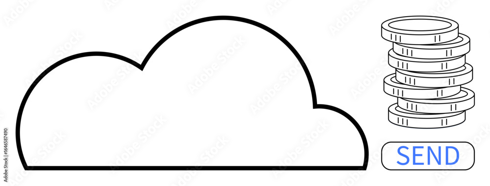 Poster cloud outline next to stacked coins and send button representing safe online transactions. ideal for