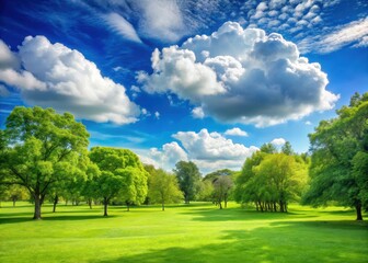 A serene green park with lush trees and a vibrant blue sky