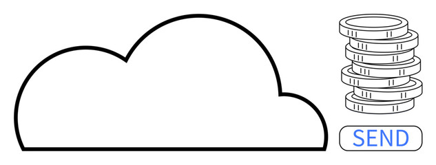 Cloud outline next to stacked coins and Send button representing safe online transactions. Ideal for cloud computing, digital transfer, currency, technology, finance, online storage, simple flat