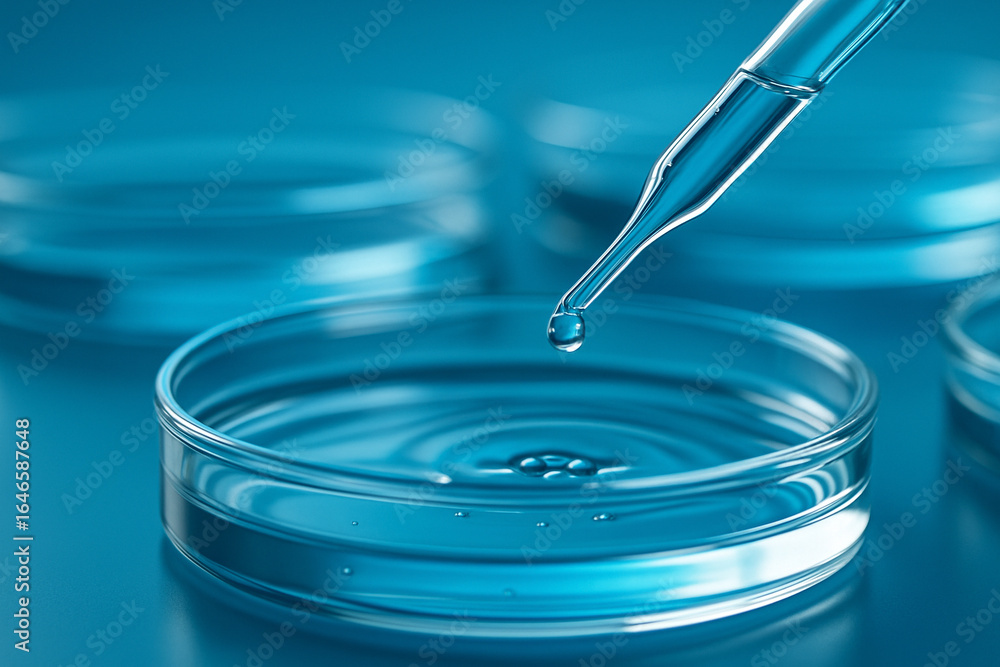 Poster ai generated macro image of a clear pipette releasing a drop into a petri dish with blurred backgrou