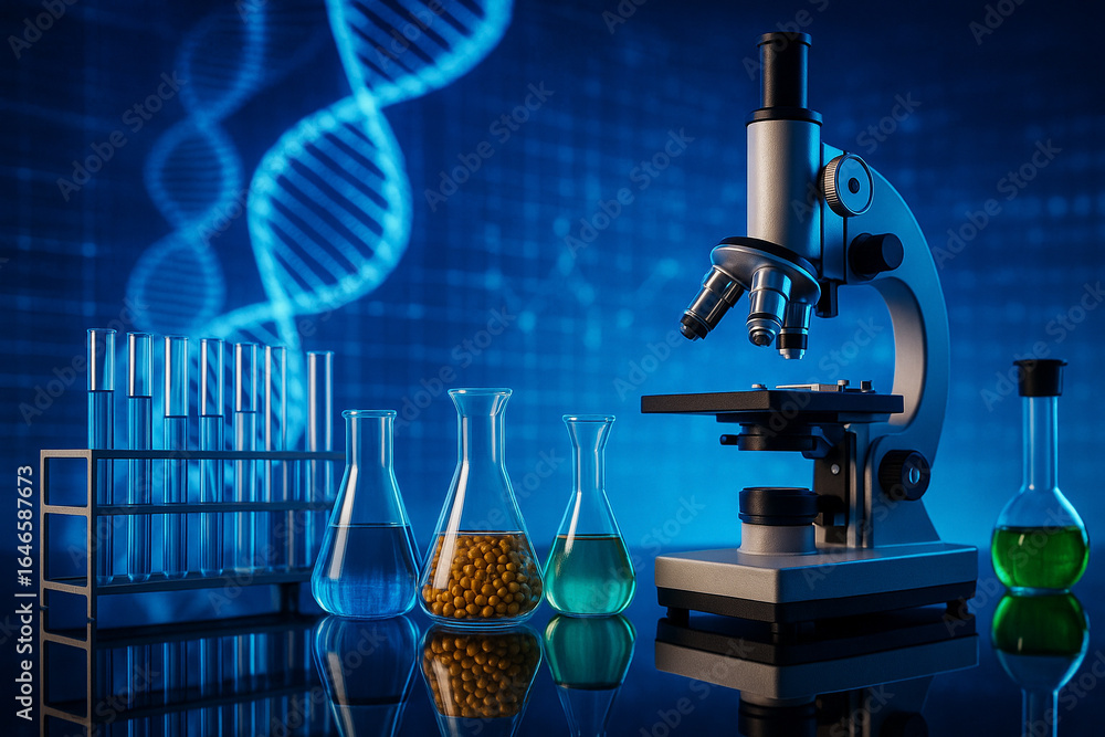 Poster ai generated modern laboratory scene with microscope glassware and glowing dna helix representing bi