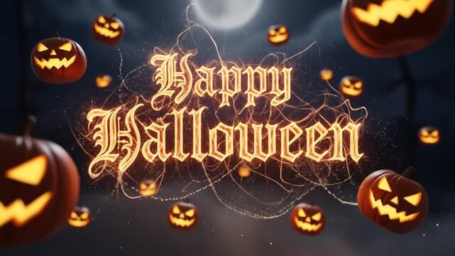 Festive Halloween Animated Background with Glowing Pumpkins and Happy Halloween Text in Dark Night Ambience Creates a Spooky Celebration with Energetic Motion Graphics