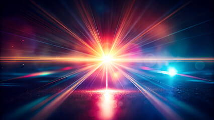 Obraz premium A vibrant and energetic explosion of colorful light rays emanating from a bright central starburst with lens flare effects against a dark background