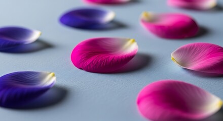 Delicate flower petals with pink, purple, and yellow gradients on a blue background